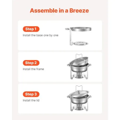 VEVOR Chafing Dish Buffet Speisenwärmer mit 2 Behältern in voller Größe (4,7 L pro), runder Catering-Wärmespender mit Deckel & Brennstoffhalter & Wasserpfanne, für Hochzeiten Partys Silber – Bild 4