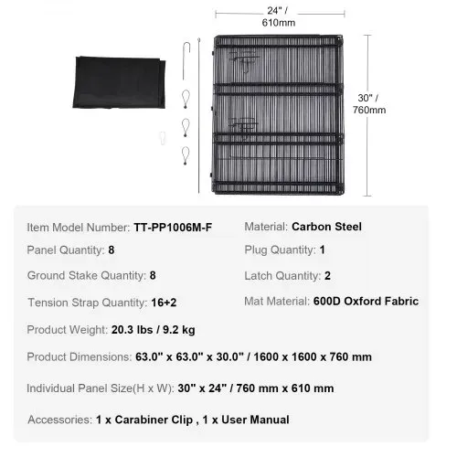 VEVOR Hundelaufstall, 8 Stk. 76 cm H x 61 cm B Paneele, faltbarer Welpenlaufstall aus Metall, Welpenauslauf mit Tür, Bodenmatte aus 600D Oxford-Gewebe, Laufstall für Hunde, Katzen & andere Kleintiere – Bild 6