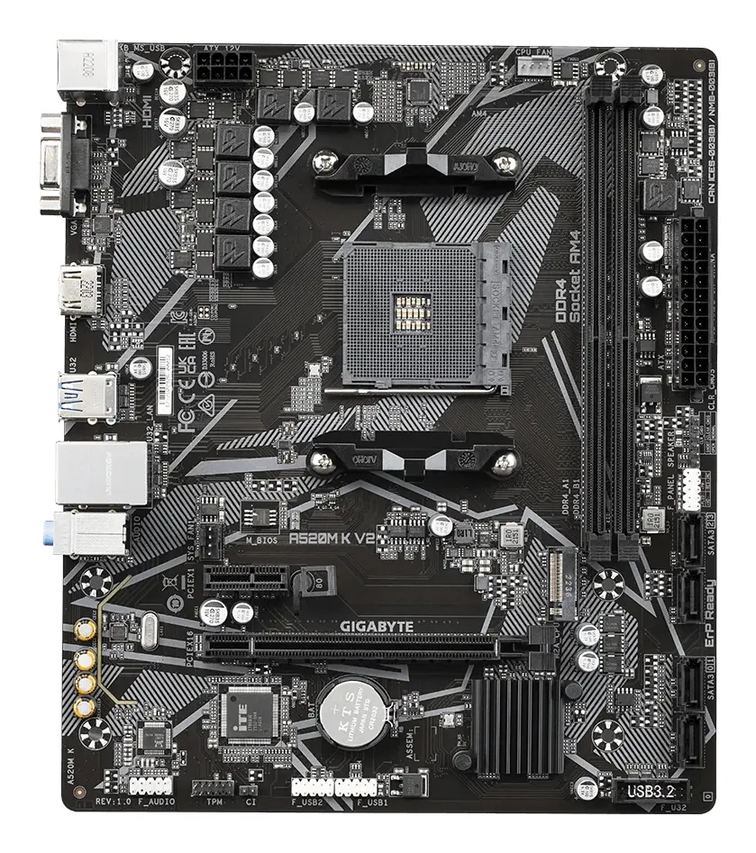 GIGABYTE A520M K V2 Mainboard - Unterstützt AMD Ryzen 5000 Serie AM4 CPUs, bis zu 5100MHz DDR4 (OC), PCIe Gen3 x4 M.2, GbE LAN, USB 3.2 Gen 1 – Bild 3