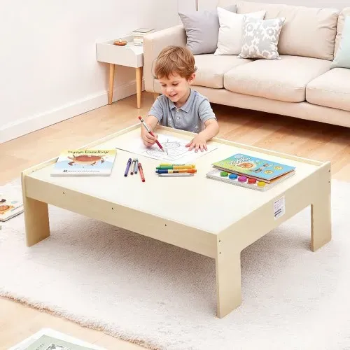 VEVOR Holz Aktivitätstisch, 120-teilig, mit zusammenklappbarem Aufbewahrungsbehälter, 3-in-1-Eisenbahn-Set zum Spielen, Malen, Lesen, Essen, kreatives Spielzeug-Set für Kinder ab 3 Jahren – Bild 7