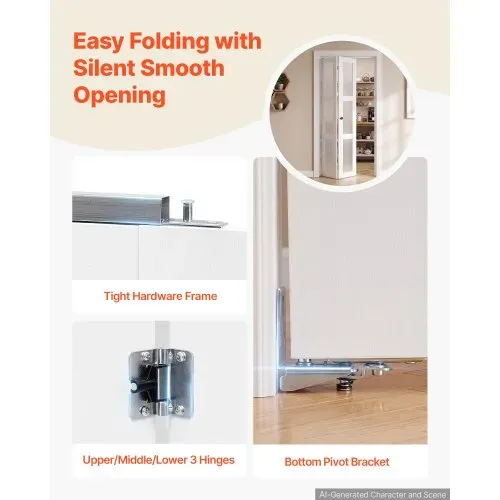 VEVOR Falttür Klapptür Komplettset 762 mm (Zwei 381 mm) x 2032 mm Milchglas, für Schränke & Schlafzimmer, Zweiflügelige Faltschiebetür mit Metallbeschlägen & Verbundrahmen, Stilvoll & Platzsparend, Weiß – Bild 4