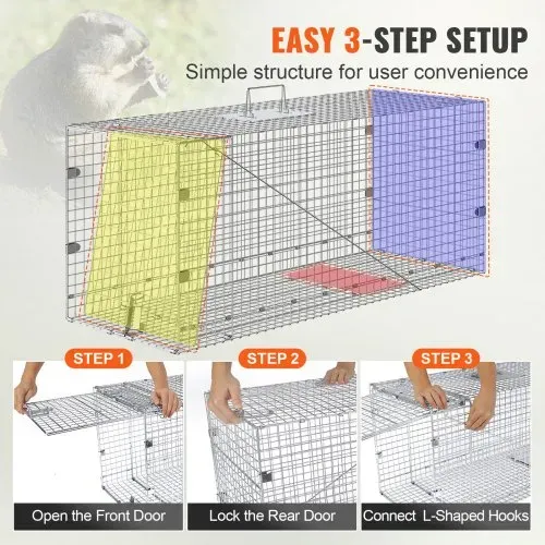 VEVOR Marderfalle, 1067 x 406 x 457 mm Lebendfalle aus verzinktem Eisen, faltbare Tierfalle mit Griff Drahtfalle für streunende Hunde, Gürteltiere, Waschbären, Murmeltiere, Füchse – Bild 4