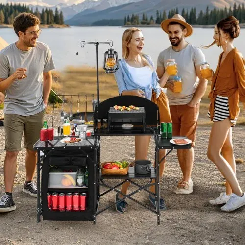 VEVOR Camping Küchentisch Outdoor Kochtisch, tragbare Kochstation aus Aluminium mit Lagerschrank & Tragetasche, & abnehmbarer Windschutzscheibe, für Grillpartys Picknicks Wohnmobilreisen, schwarz – Bild 7