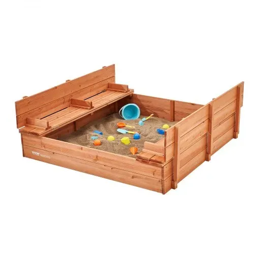 VEVOR Sandkasten aus Holz, 132 x 120 x 43 cm, Sandkasten mit klappbaren Sitzbänken und Bodeneinlage, Sandkasten aus Naturholz für Kinder für den Garten, Strand, Park, Geschenk für Jungen und Mädchen im Alter von 3–12 Jahren – Bild 8