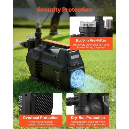 VEVOR Gartenpumpe 1300 W, Bewässerungspumpe Max. Fördermenge 4800 L/h, PP-Jetpumpe, Saugpumpe mit 48 m Fördehöhe, Intelligenter Elektronischen Steuerung, für Gartenbewässerung & Rasensprenger – Bild 5