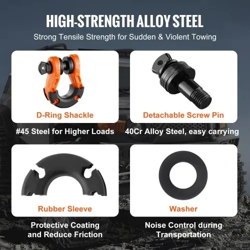 VEVOR 3/4 Zoll D-Ring-Schäkel, 2er-Pack Schäkel aus legiertem Stahl, 30 Tonnen Bruchfestigkeit, mit 7/8 Zoll Schraubstift, Isolatoren und Unterlegscheiben, robuster Bergungsschäkel für Geländefahrzeuge für Jeep-Trucks, orange – Bild 2