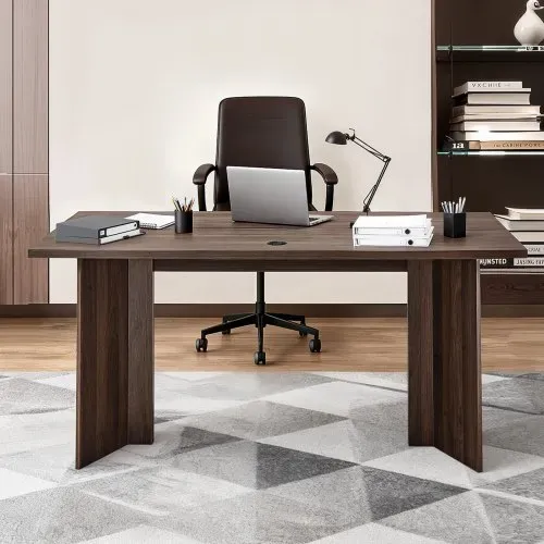 VEVOR Chefschreibtisch (160 lang) moderner Bürotisch mit Kabelanschlussloch, Schreibtisch aus Wabenplatte + Spanplatte, 113,4 kg Tragkraft, Computertisch für Arbeit Studium Schreiben, Braun+Schwarz – Bild 7