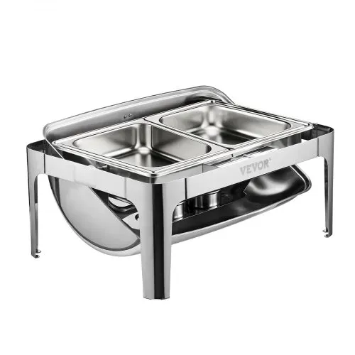 VEVOR Chafing Dish Set Speisenwärmer Edelstahl mit 2 Pfannen in halber Größe (3,9 L), rechteckiger Wärmespender mit sichtbarem Deckel & Wasserpfannenständer & Brennstoffhalter, für Partys Silber – Bild 10