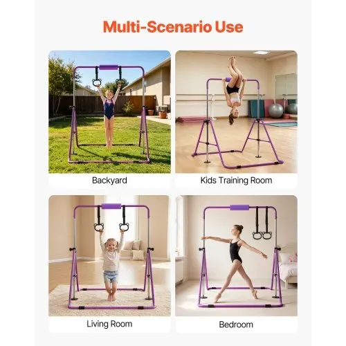 VEVOR Gymnastikstange für Kinder mit 63,5 kg Tragkraft, Klappbares Turnreck mit Turnringen, Höhenverstellbare Turnstange für Indoor- und Outdoor-Training, Heimtrainingsgerät für Kinderturnen, Lila – Bild 6