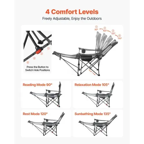 VEVOR Campingstuhl faltbar, Liegestuhl mit 4 verstellbaren Positionen, Relaxsessel Liege mit Getränkehalter, Netz-Strandstuhl mit Kopfstütze & Fußstütze, trägt 100 kg , für Outdoor Camping, grau – Bild 2