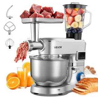 VEVOR multifunktionale Küchenmaschine elektrisch 1500 W mit Edelstahlschüssel (5,7 L) & Mixbecher (1,5 L), Knetmaschine Teigmixer mit 6+P Geschwindigkeiten & Knethaken & Schneebesen & Rührbesen VEVOR multifunktionale Küchenmaschine elektrisch 1500 W mit Edelstahlschüssel (5,7 L) & Mixbecher (1,5 L), Knetmaschine Teigmixer mit 6+P Geschwindigkeiten & Knethaken & Schneebesen & Rührbesen
