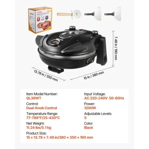 VEVOR Pizzaofen elektrischer Pizzamaker 1200 W Pizzakocher mit Cordieritstein, 5-stufige Temperaturregelung, Sichtfenster für präzises Kochen, erhitzt bis zu 420 °C, Backofen für Zuhause schwarz – Bild 6