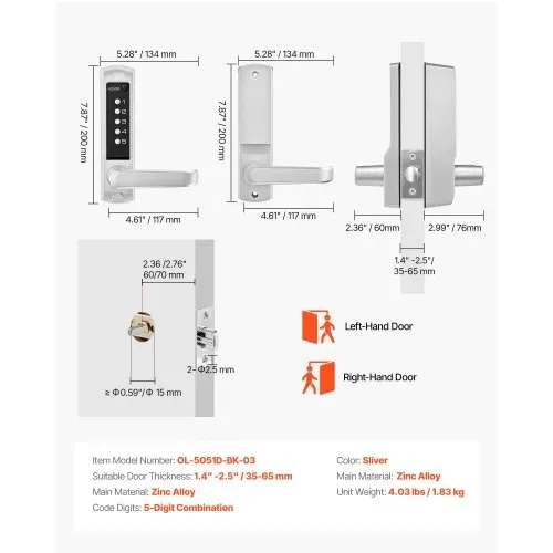 VEVOR Mechanisches Codeschloss mit Einseitigem Tastenschloss (5-stelliger Code), Schlüsselloses Türschloss mit Griff & Automatischer Verriegelung, für Haustüren Gartentore Garagen Outdoor, Silber – Bild 6