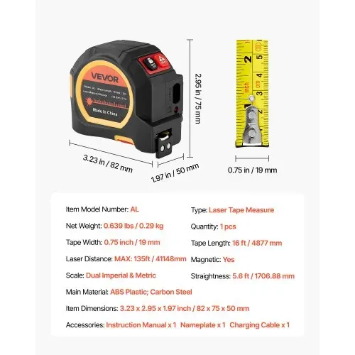 VEVOR 2-in-1-Laser-Maßband, 41 m wiederaufladbares Laser-Messwerkzeug & 4,8 m Bandmaß mit Magnet, Rollmaßband 4 Modi – Länge, Fläche, Volumen, kontinuierlich, ft/in/m/ft+in-Einheit – Bild 6