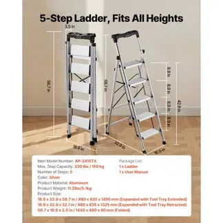 VEVOR Trittleiter 5 Stufen, Klappleiter mit Anti-Rutsch-Stufen & Komfortablem Handgriff, Haushaltsleiter Tragkraft 150 kg, Aluminium-Sicherheitsleiter für Küche, Lager, Haushalt & Büro, Silber VEVOR Trittleiter 5 Stufen, Klappleiter mit Anti-Rutsch-Stufen & Komfortablem Handgriff, Haushaltsleiter Tragkraft 150 kg, Aluminium-Sicherheitsleiter für Küche, Lager, Haushalt & Büro, Silber