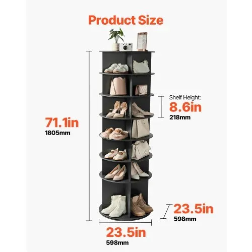 VEVOR Schuhregal Schuhschrank für 28 Paar Schuhe (7-stöckig) 360° drehbar, platzsparende Schuhaufbewahrung, Schuhablage für Schlafzimmer Wohnzimmer Eingangsbereich, Schwarz 598 x 598 x 1805 mm – Bild 2