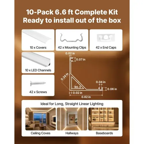 VEVOR LED Profil 10er-Pack 2 m, Eloxierte Aluminiumprofil mit Milchiger Abdeckung, Endkappen & Befestigungsclips, Kanäle, Diffusor für LED-Streifen, Ideal für Unterbau-Arbeitsplatten, V Form – Bild 3