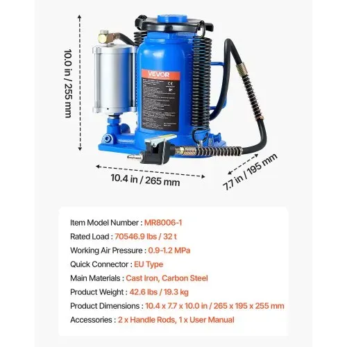 VEVOR pneumatischer Flaschenwagenhebr Wagenheber 32 t 255–415 mm Hubbereich, lufthydraulischer/manueller Stempelwagenheber Wagenheber mit Pumpe für SUV Pickup Lkw Wohnmobil Autoreparatur blau – Bild 6