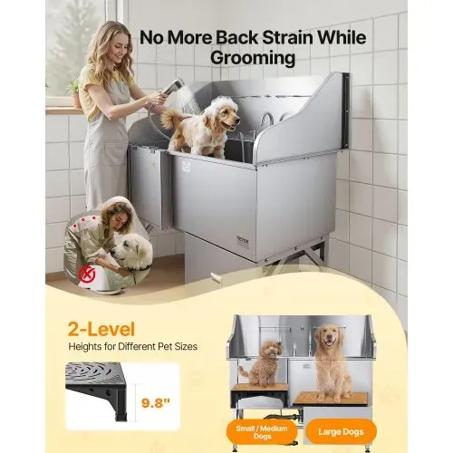 VEVOR 304 Edelstahl-Hundewaschstation, 154,9 cm große Pflegebadewanne mit rutschfester, flacher Rampe, Schublade, Warm- und Kaltwasserhahn, All-in-One-Badewanne für Pflegesalons, für alle Größen geeignet (rechte Tür) – Bild 2