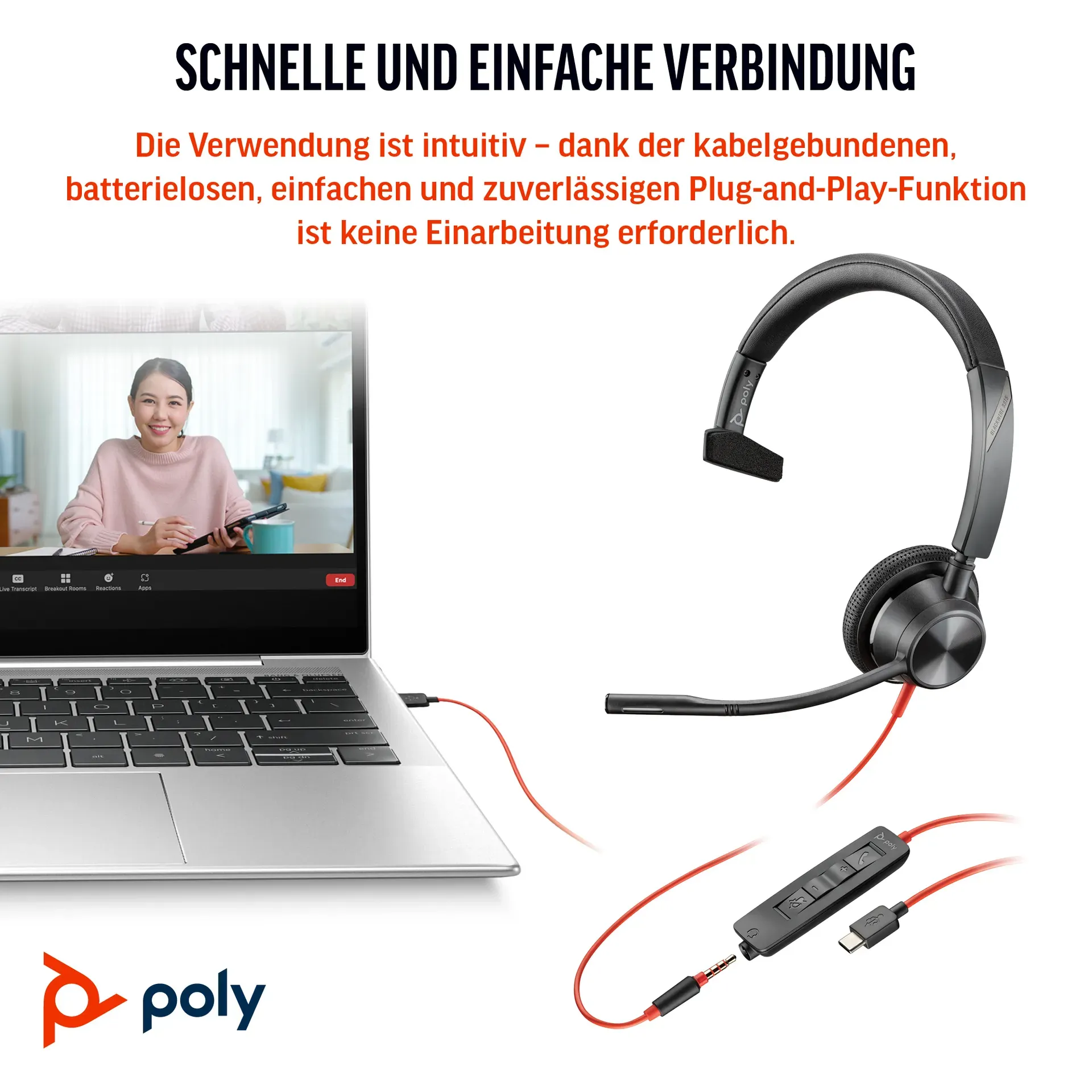 HP Poly Blackwire 3315 Monaurales USB-C-Headset, zertifiziert für Microsoft Teams, + 3,5-mm-Stecker + USB-C/A-Adapter – Bild 2