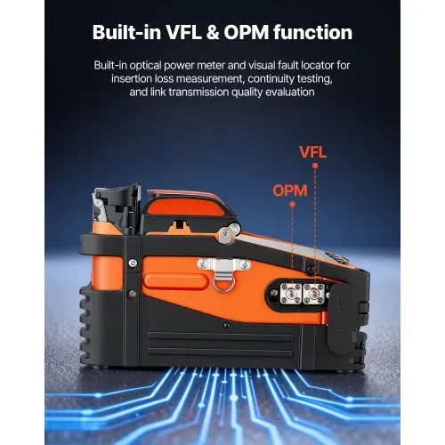 VEVOR Glasfaser-Spleißgerät LWL-Spleißgerät 6 Motoren 0,1µm Kernausrichtung, Fusionsspleißgerät mit VFL OPM für SM MM DS NZDS, 5s Spleißen, 15s Heizung, 5 Zoll Touchscreen, 3-in-1 Faserhalter, 7800mAh – Bild 4