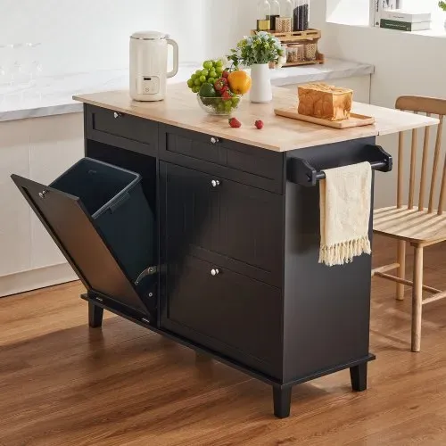 VEVOR Kücheninselwagen, 128 cm Frühstücksbar mit Holzplatte und ausklappbarem Müllschrank, 10 Gal Stauraum, Bauernhaus-Ess-/Wohnzimmertisch mit Klappplatte, Handtuchhalter, Schublade, schwarz – Bild 7