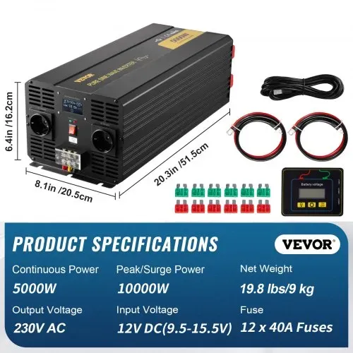 VEVOR Wechselrichter mit reiner Sinuswelle, 5000 Watt, Spannungswandler, DC 12 V auf AC 230 V Auto-Wechselrichter mit LCD-Display, USB-Anschluss und Fernbedienung, Spannungswandler für Auto, Wohnmobil, LKW, Solaranlage, Reisen, Camping – Bild 6