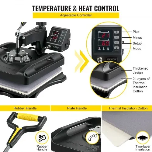 VEVOR 1200 W Hitzepresse 8 in 1 T-Shirtpresse 38 x 38 cm Schwarz Transferpresse Heißpresse T-Shirt zum Aufbringen von Buchstaben Zahlen und Mustern – Bild 2
