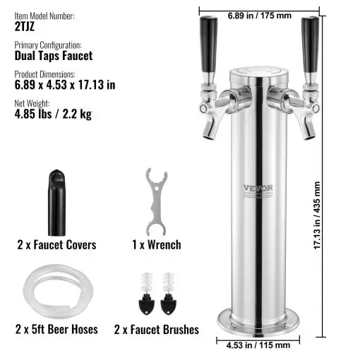 VEVOR Bierzapfturm mit zwei Zapfhähnen, Bierfassturm aus Edelstahl, Kegerator-Turm-Kit mit Vormontierten Schläuchen & Selbstschließenden Zapfhähnen für Partys, Bars, Pubs und Restaurants usw. – Bild 6