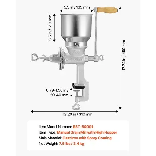 VEVOR Getreidemühle Manuell aus Gusseisen, Handkurbel Kornmühle mit Hohem Trichter & Stabiler Tischklemme, Malzmühle Kaffeemühle Gewürzmühle für Kaffeebohnen Gewürze Weizen Mais Nüsse, Küchenhelfer – Bild 6