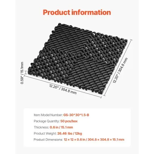 VEVOR Drainagematte Duschmatte 304,8x304,8mm modulares ineinandergreifende Bodenmatten, 50 Stk. Spleiß-Drainagematten, rutschfeste Drainage-Bodenfliesen, für Garage Garten Schwarz – Bild 6