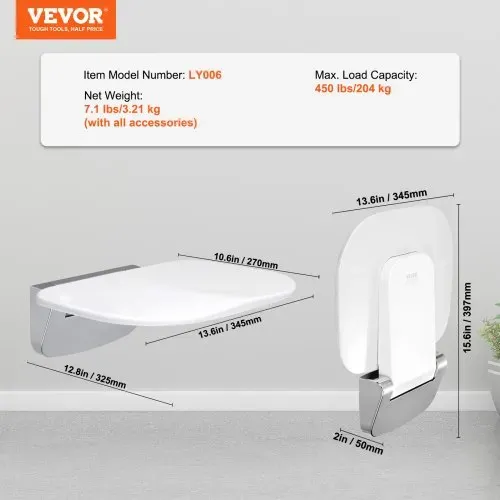 VEVOR Klappbarer Duschsitz 35 x 33 cm Wandmontierte Duschbank 204kg – Bild 6