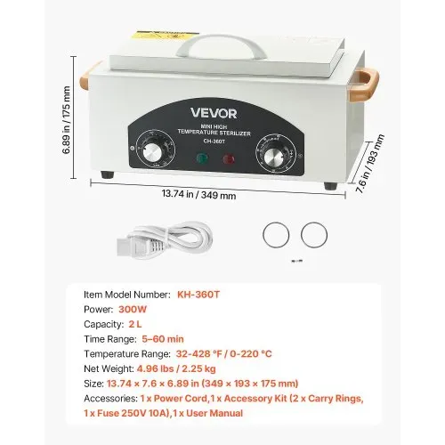 VEVOR Hochtemperatur-Autoklav 2 L 300 W, Hochtemperatur-Reinigungsmaschinenbox mit einstellbarer Temperatur & Zeit, Trockenwärmeschrank-Nagelwerkzeugreiniger Sterilisatorbox für Labore Zuhause – Bild 6