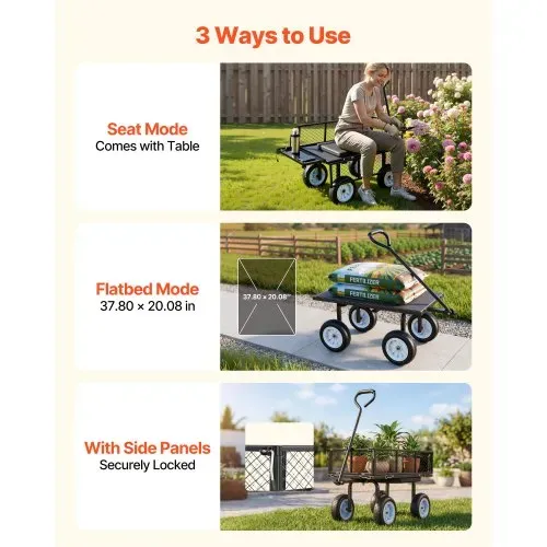 VEVOR Bollerwagen 226,8 kg Tragkraft, Gartenwagen mit Sitz & PU-Rädern, Transportwagen mit Werkzeugablage & Verstellbarem Griff, Gerätewagen für Rasen, Terrasse & Garten, Schwarz – Bild 4