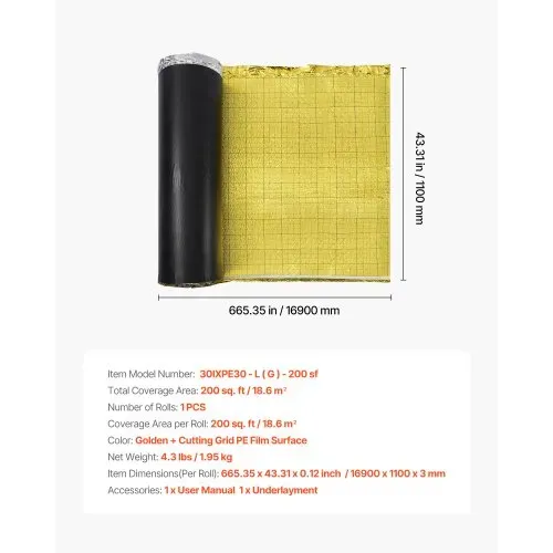 VEVOR Trittschalldämmung, 18,6 m²/Rolle, 3-in-1 3 mm dicke Dämmungunterlage mit Klebeband & Dampfsperre, IXPE-Schaum mit goldem PE, Schalldämmung & Geräuschreduzierung, für Laminat-Holzböden – Bild 6