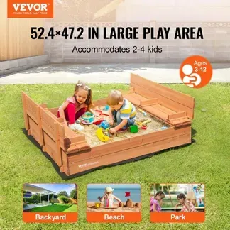VEVOR Sandkasten aus Holz, 132 x 120 x 43 cm, Sandkasten mit klappbaren Sitzbänken und Bodeneinlage, Sandkasten aus Naturholz für Kinder für den Garten, Strand, Park, Geschenk für Jungen und Mädchen im Alter von 3–12 Jahren VEVOR Sandkasten aus Holz, 132 x 120 x 43 cm, Sandkasten mit klappbaren Sitzbänken und Bodeneinlage, Sandkasten aus Naturholz für Kinder für den Garten, Strand, Park, Geschenk für Jungen und Mädchen im Alter von 3–12 Jahren