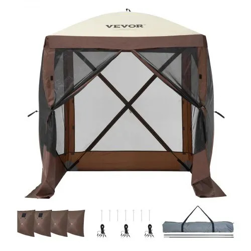 VEVOR Pop-Up-Pavillonzelt, Pop-Up-Zelt mit 4-seitigem Baldachin, Sonnenschutz mit 4 abnehmbaren Sichtschutz-Windtüchern und Netzfenstern, 6 x 6 Fuß, Schnellaufbau-Zelt mit Moskitonetz, braun – Bild 8