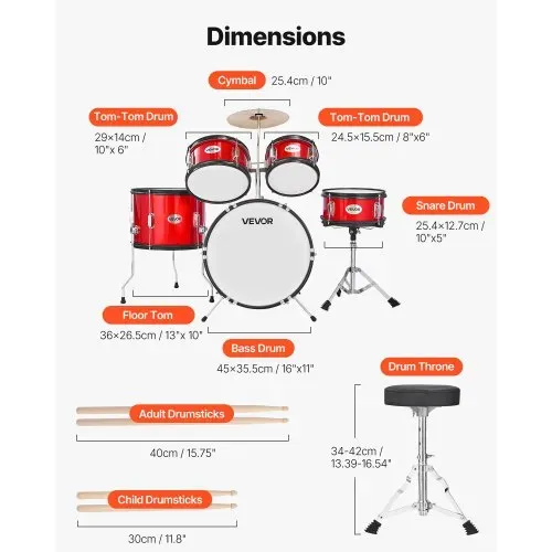 VEVOR Schlagzeug Set, 5-teilig, Drum Kit für Anfänger, inkl. Basstrommel, Snare, Tomtoms, Standtom, Crash-Becken, Hi-Hat mit Ständer, Musik-Lern-Instrumentenset, für Kinder von 6–13 Jahren (rot) – Bild 2