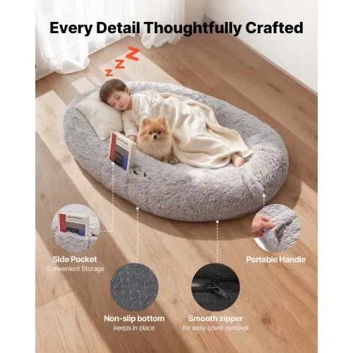 VEVOR Hundebett für Menschen & Hunde, 132x86x24 cm, Memory-Schaum-Hundebett in Menschengröße, mit Seitentasche, Griff & Reißverschluss, abnehmbarer, maschinenwaschbarer Bezug, Langplüsch, Grau – Bild 3