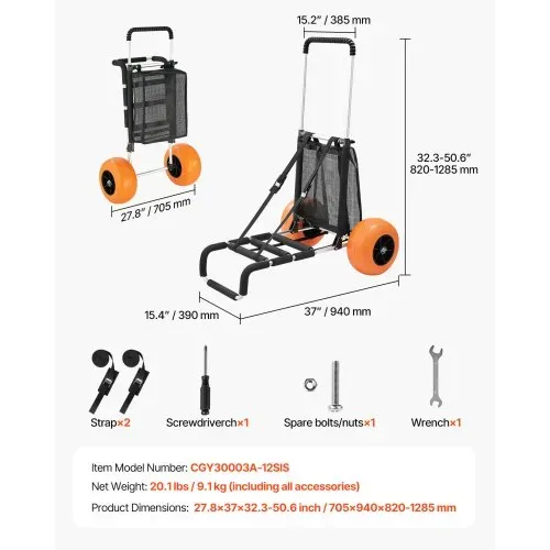 VEVOR Strandkarre Bollerwagen Sandwagen, Strandwagen 74,84 kg Tragkraft, zusammenklappbarer Sandwagen aus Aluminium 685-1135 mm einstellbare Höhe, Wagen für den Strand 76 x 39 cm Ladefläche – Bild 6