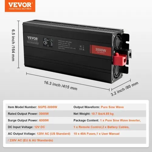 VEVOR Wechselrichter mit reiner Sinuswelle 3000W DC12V AC 230 V Spannungswandler 2 AC-Steckdosen 2 USB-Anschlüssen 1 Typ-C-Anschluss LCD-Display und Fernbedienung für große Haushaltsgeräte – Bild 6