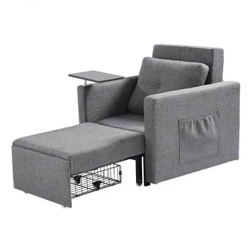 VEVOR Schlafsofa umbaubares Schlafbett mit Seitentasche & Kissen & Armlehne, Schlafsessel Einzelsessel mit 5-fach verstellbarer Rückenlehne, Einzel-Ausziehcouch mit 2 Rädern und Stauraum unten, Grau – Bild 10