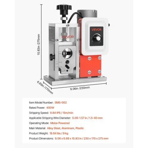 VEVOR Elektrische Abisoliermaschine, 1,5–40mm, 400 W, motorisierter Kabelabisolierer, 9,84 IPS (15 m/min) Drahtschäler mit Klingen, V-förmigen Rollen, Kühlventilator, Kabelschälmaschine – Bild 6