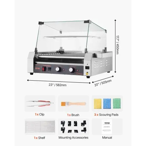 VEVOR Hot Dog Grill Maschine Hot dogs 11 Rollen Edelstahl, 2200 W, Elektrogrill mit Abdeckung & 2 Temperaturregler & seitlicher Aufbewahrungsbox & herausnehmbarem Regal & Ölauffangschale – Bild 6