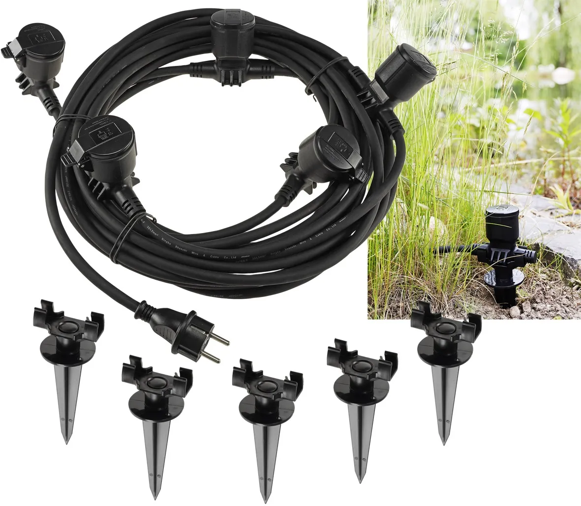 Gartensteckdose für Außen, IP44, 5-fach Einzelsteckdosen, 5+2,5+2,5+2,5+2,5m Gartensteckdose für Außen, IP44, 5-fach Einzelsteckdosen, 5+2,5+2,5+2,5+2,5m