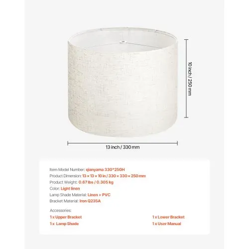 VEVOR Lampenschirm Trommel 33 x 33 x 25 cm (oben x unter x hoch), 1 Stk. mittelgroßer Ersatzschirm aus Leinen + PVC, Lampenschirm für Tischlampen Stehlampen Pendelleuchten (helles Leinen) – Bild 6