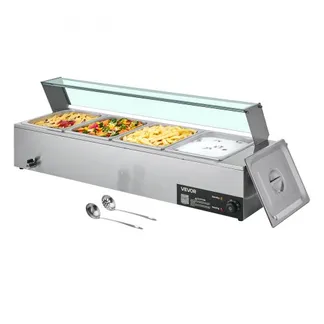 VEVOR kommerzieller Speisenwärmer (4 x 1/2 Größe Behälter), 1,5 kW elektrischer Wärmebehälter aus Edelstahl mit Glasabdeckung & Suppenkelle, Chafing Dishes Set für Catering Restaurant Party VEVOR kommerzieller Speisenwärmer (4 x 1/2 Größe Behälter), 1,5 kW elektrischer Wärmebehälter aus Edelstahl mit Glasabdeckung & Suppenkelle, Chafing Dishes Set für Catering Restaurant Party