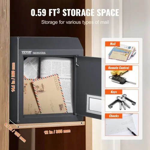 VEVOR Einbau-Türbriefkasten, 305 x 155 x 360 mm, Briefkasten für die Türdurchführung, 43 mm, robuster Stahl, Zahlencode-Schloss für Briefe, Schlüssel, Zuhause, Büro, Dunkelgrau – Bild 2