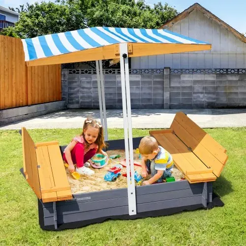 VEVOR Holzsandkasten mit Überdachung, Sandkasten, Sandgrube mit klappbaren Sitzbänken und Bodeneinlage, Naturholz-Sandkasten für Kinder für den Garten, Geschenk für Kinder im Alter von 3–12 Jahren – Bild 7