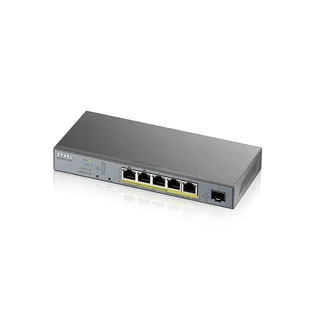 Zyxel Switch smart managed Layer2 6 Port • 5x 1 GbE • PoE Budget 60 Watt • 5x PoE at • 1x SFP • Desktop • Lüfterlos • GS1350-6HP Zyxel Switch smart managed Layer2 6 Port • 5x 1 GbE • PoE Budget 60 Watt • 5x PoE at • 1x SFP • Desktop • Lüfterlos • GS1350-6HP